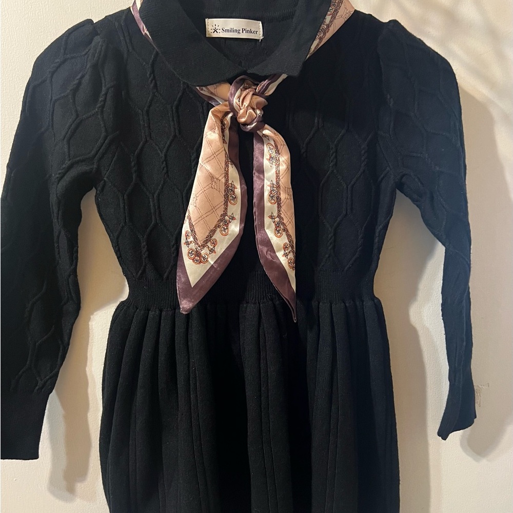 Girls Black Knit Dress with Scarf